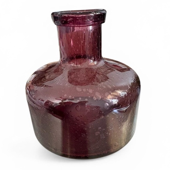 Other - Amethyst Purple Seeded Bubble Hand Blown Glass Squat Bud Vase Polished Pontil